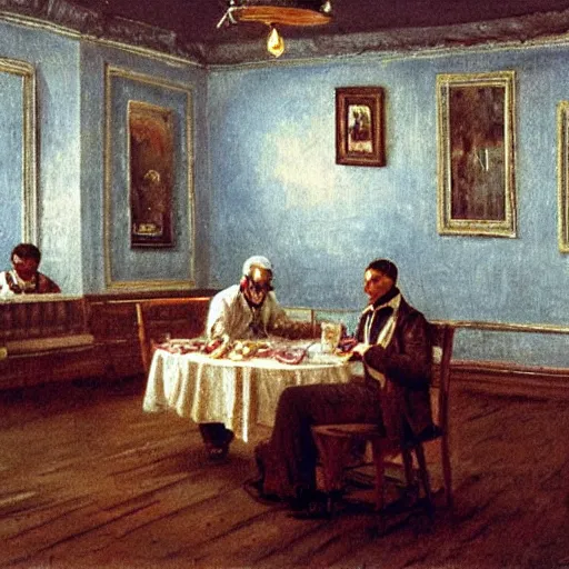 Image similar to ice cream parlor ( 1 8 5 0 ). the room is dimly lit with a single flickering lightbulb. the ice cream case has leaked melted ice cream onto the floor, the shape of the melted ice cream puddle is reminiscent of werewolf fangs. there is an eerie blue glow. by thomas eakins