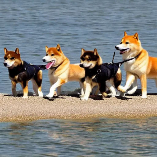 Image similar to photo of a shiba inu leading a pack of shiba inu puppies to the ocean