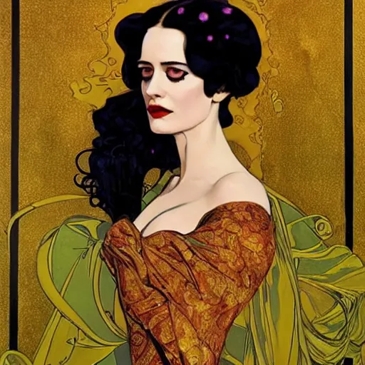 Image similar to portrait by joshua middleton of the young actress, eva green as queen of the emerald dead, vamp, elegant, decadent, stylised comic art, klimt, mucha, 1 9 7 0 s poster,