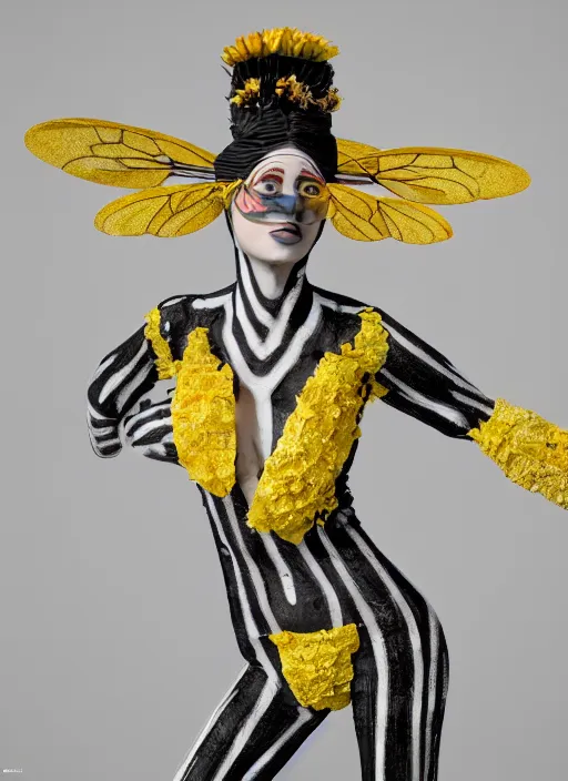 Image similar to an anthromorphic beautiful bee woman wearing striped couture made out of wax and paper and flower petals, at a fashion shoot, trending on Art Station, 3D, octane render,