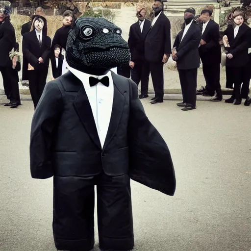 Prompt: black godzilla in a suit at the funeral