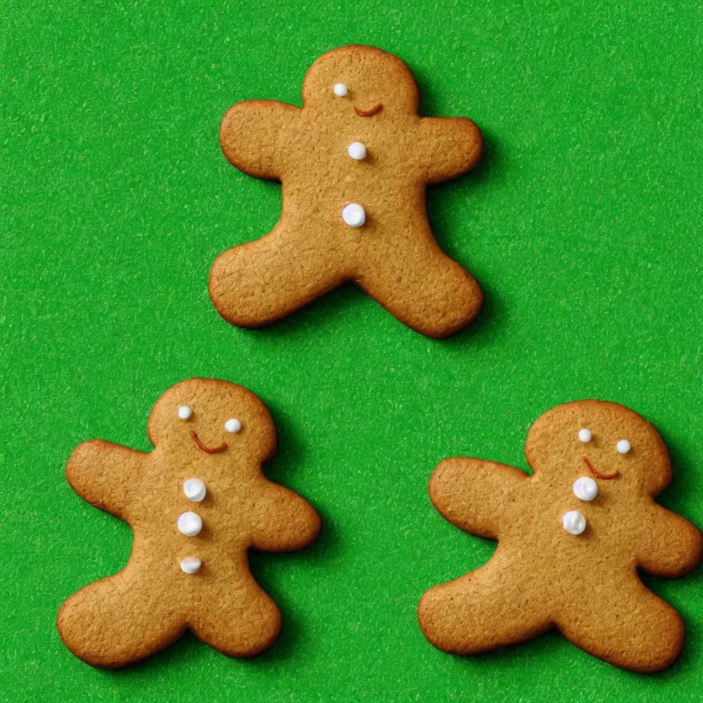 Image similar to top-down view of a cute gingerbread man on top of a green surface, 8k, high detail, photorealistic, proper shading