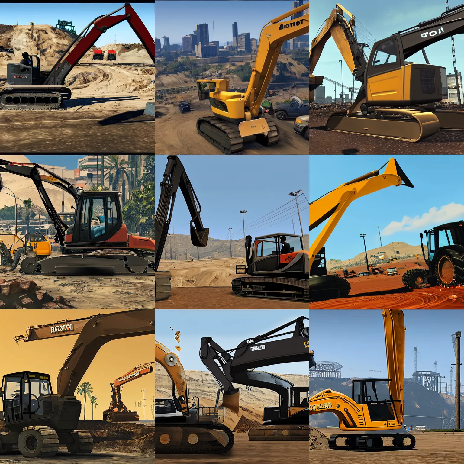 Prompt: Man sitting in excavator, whole view, GTA V poster