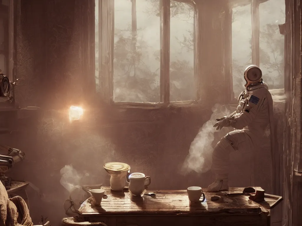 Prompt: a single cosmonaut in a spacesuit drinks a steaming cup of tea at an old wooden desk in a richly decorated Victorian house. the autumn light comes in through a window and dimly illuminates the room, diffuse light, octane render