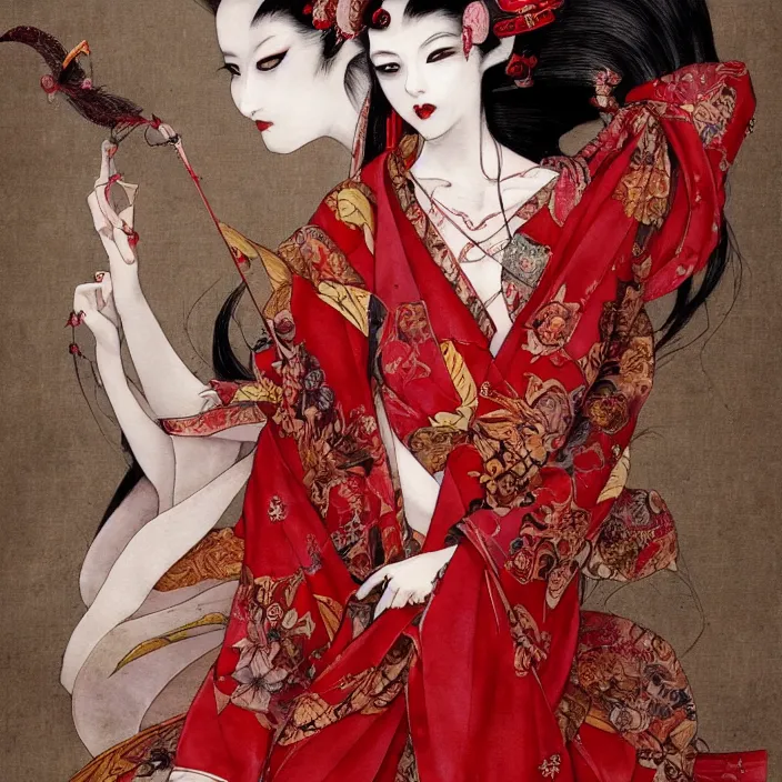 Image similar to watercolor painting of avant - garde portrait of an asian bjd geisha vampire queen with a long neck in a victorian red dress painted by yoshitaka amano, daniel merriam, ayami kojima, intricate detail, artstation, artgerm, in the style of dark - fantasy, rococo, gold leaf art