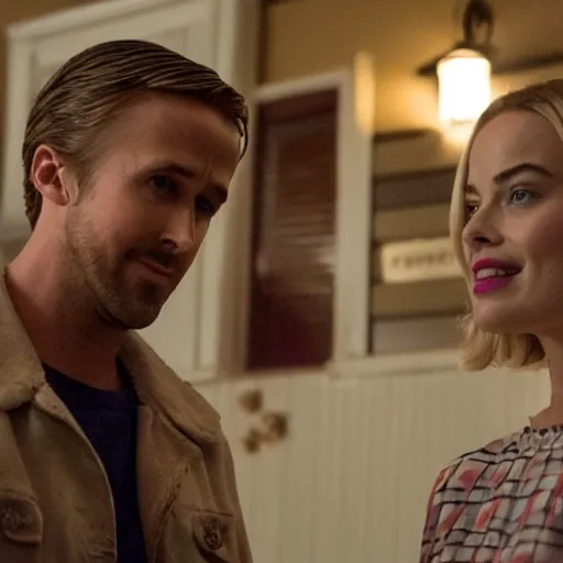 Image similar to still of ryan gosling and margot robbie, in stranger things