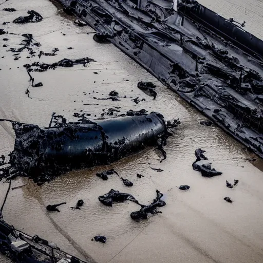 Image similar to airborne view, crashed cargo ship leaking mysterious black gooey liquid, mysterious black slime, black gooey liquid leaking out of crashed cargo ship, apocalyptic, ruined, container ship, crashed, 8 5 mm f / 1. 4