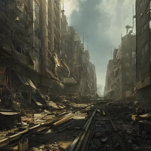 Prompt: inside a post apocalyptic dieselpunk city , highly detailed, 4k, HDR, award-winning, octane render, artstation