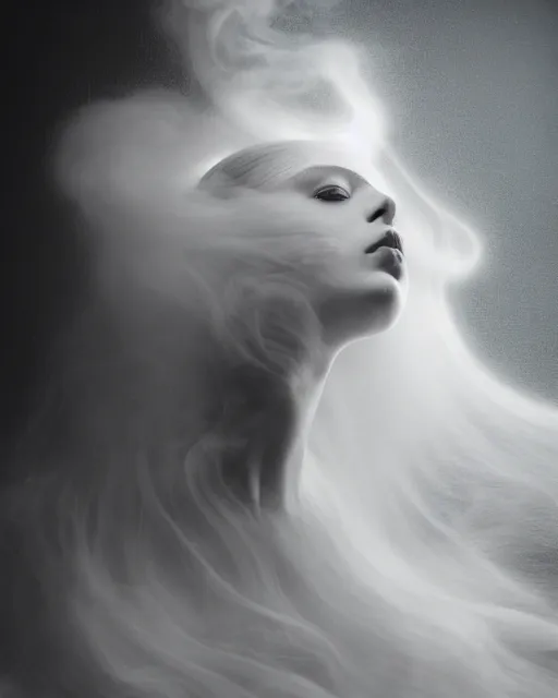Prompt: soft, delicate, dreamy, dramatic, subsurface scattering, white, young beautiful goddess in cosmos with very long white hair floating in air, fluid smoke art, black and white, octane render, dino valls, mark ryden, joe fenton, michal karcz, highly detailed, rim light, art, cinematic lighting, very coherent, hyper realism, 8 k
