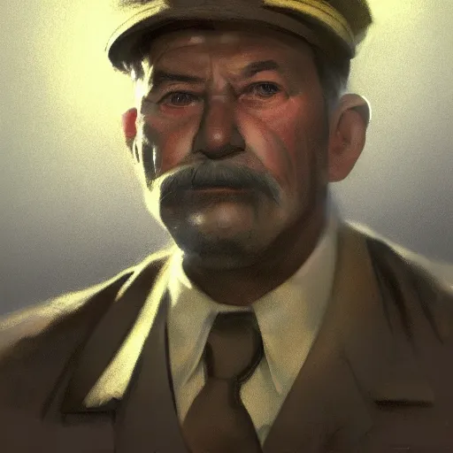 Prompt: Portrait of an oldman wearing a comunist uniform looking to the camera, artwork by Craig Mullins, black background, candle lights, trending on artstation, dramatic cinematic light