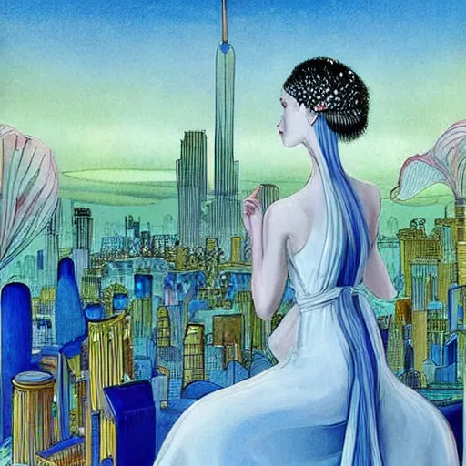 Image similar to A beautiful digital art of a young woman with big blue eyes. She has long lashes and a small mouth. Her hair is pulled back in a bun with a few stray hairs falling down. She's wearing a white dress with a blue sash and a blue scarf around her neck. In the background is a cityscape with tall buildings. by Kay Nielsen bold