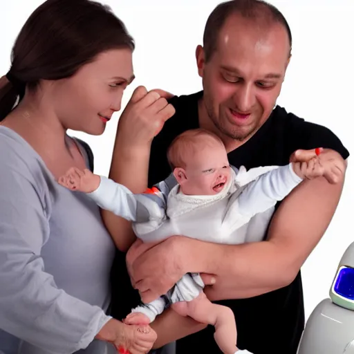 Image similar to cybernetic infant held lovingly by two robots