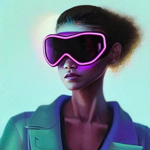 Prompt: zendaya wearing opaque reflective goggles profile picture by Greg Rutkowski, brown skin, very long hair, dune, asymmetrical, futuristic, neon volumetric lights, cool colors, streetwear, studio ghibli, Organic Painting , Matte Painting, geometric shapes, hard edges, street art, trending on the artstation, fantasy LUT, realistic by Sachin Teng + Martin Grip + Moebius + Patrick Gleason, smooth, sharp focus, illustration, art by John Collier and Albert Aublet and Krenz Cushart and Artem Demura and Alphonse Mucha, techwear, Industrial Scifi, detailed illustration, character portrait,