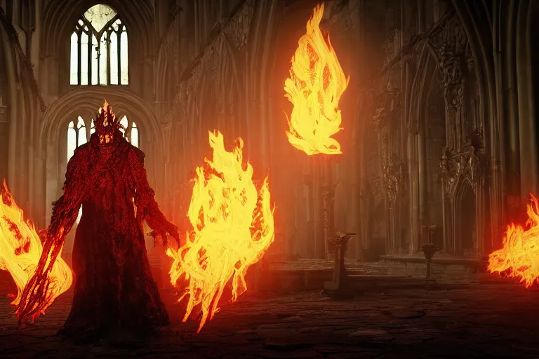 Prompt: a ghoul in a cathedral with flaming skulls rotating around him as a dark souls inspired boss, octane render, rtx, unreal engine 5, digital painting, trending on artstation, highly detailed, epic composition, 8 k uhd