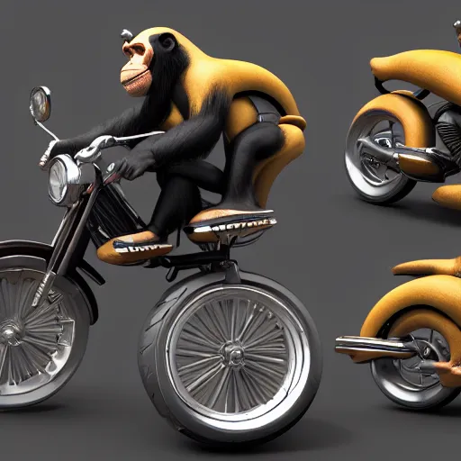 Image similar to 3d model of chimp driving a Harley Davidson holding a banana, unreal engine 5, hdr, 8k, high resolution,