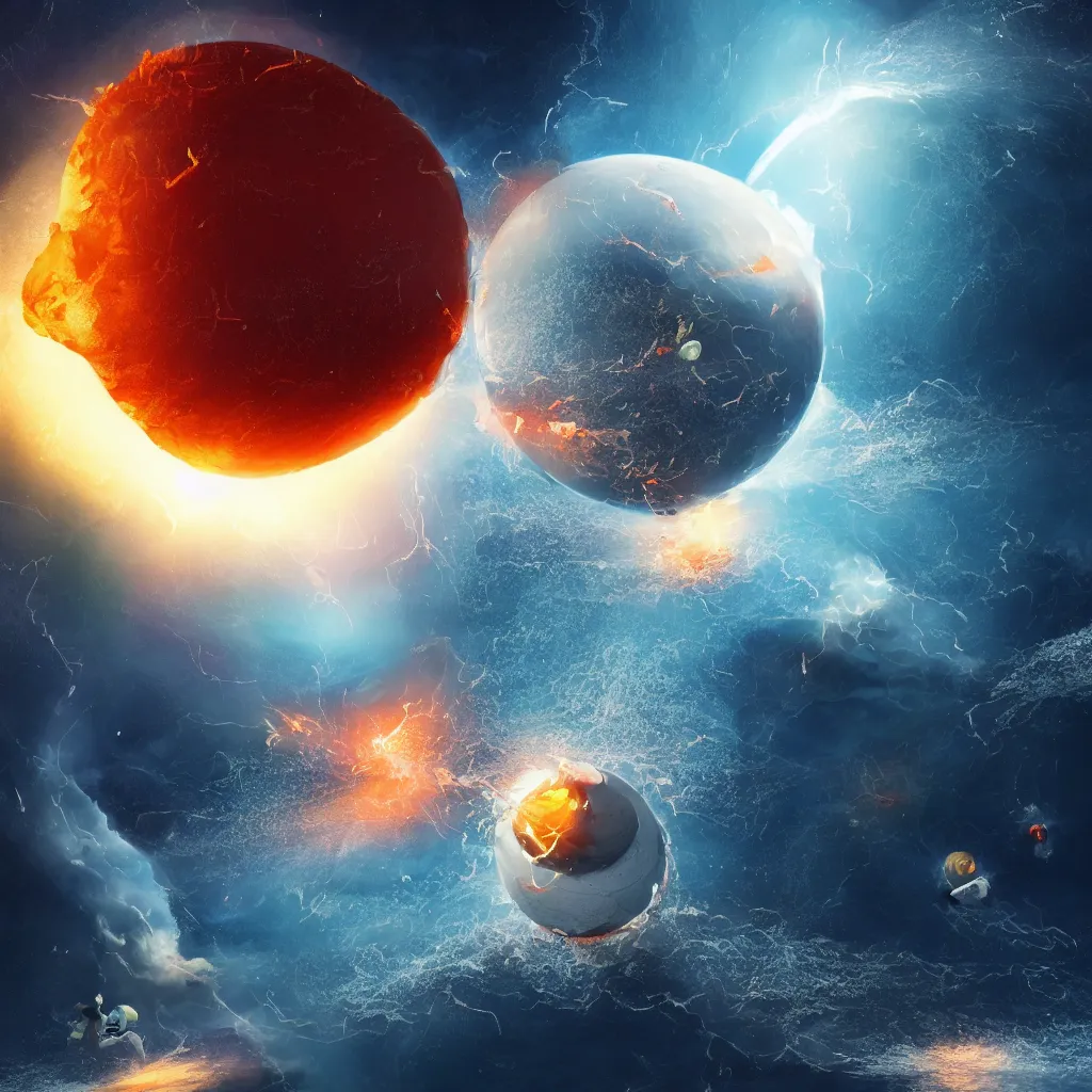 Image similar to two characters clashing & fighting over spherical shape of planet earth, with stars & space beyond, one side water & Waterspouts & one side fire & volcano, octane render, future