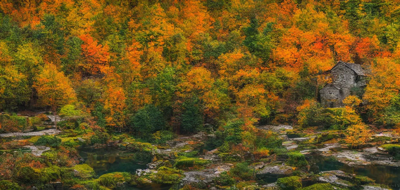 Image similar to stone cottages underneath a dense tall forest, pristine ponds. bodyscapes. fine painting intricate brush strokes, bright depth oil colors. 2 8 mm perspective multisourced photography by araken alcantara. intense promiseful happiness, autumn sunrise warm hdri forest light