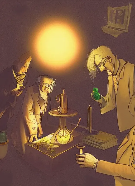 Prompt: a kind old British scientist is teaching his protégée about alchemy and magic from a mysterious orange book. The book has a glowing vial 🧪 on the cover.