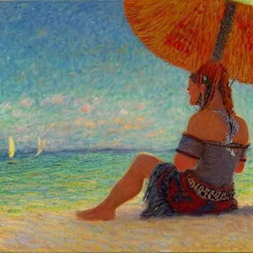 Image similar to painting of a viking woman getting a sun tan on a tropical beach, intricate, 8 k, in the style of claude monet, high detal