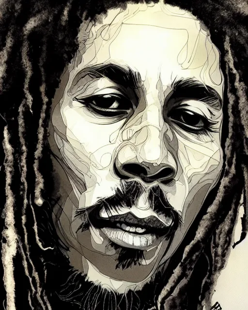 Image similar to / dream portrait of bob marley, concept art, sumi - e style, intricate linework, artstation, trending, highly detailed, smooth, focus, art by yoji shinkawa,