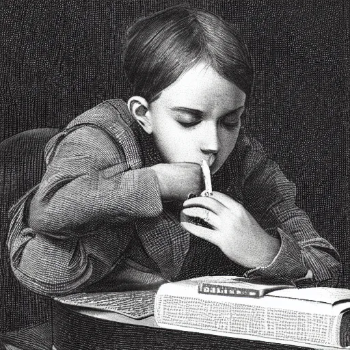 Image similar to dramatic scene of a young student smoking and reading books, very detailed face