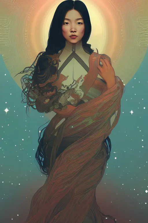 Image similar to edge of the universe, asian girl, space, stars, starship, digital art, smooth defined outlines, vector background, by brom, trending on artstation, alphonse mucha, tom bagshaw, sargent