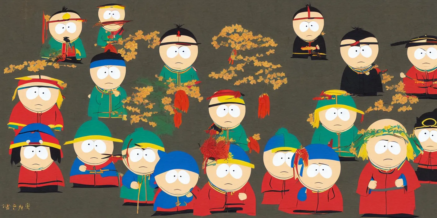 Image similar to south park kenny kyle stan cartman in style of nihonga painting by uemura shoen