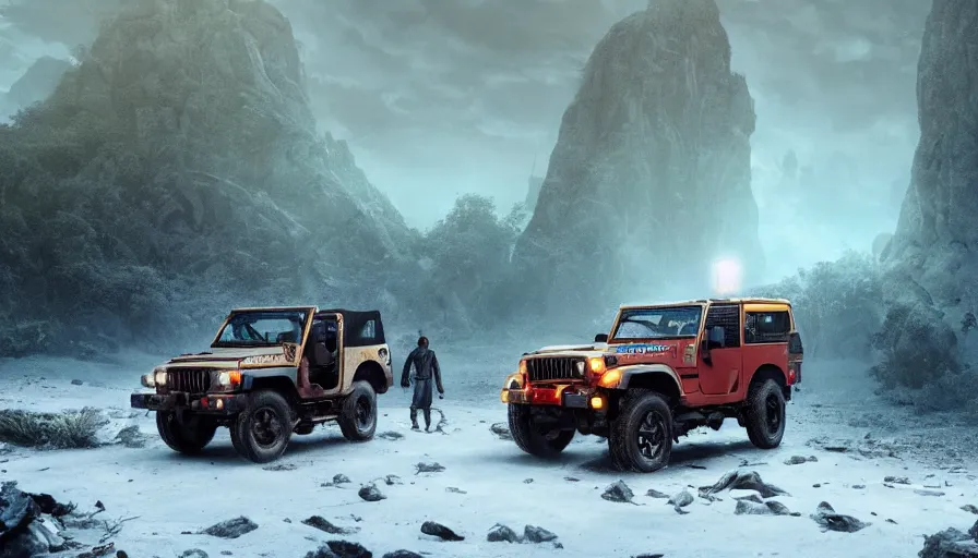 Prompt: Mahindra thar, tribe members watching nearby, an epic fantasy, dramatic lighting, cinematic, establishing shot, extremely high detail, photorealistic, shot on red camera, cinematic lighting, artstation, by simon stalenhag, shadow of the tomb rider