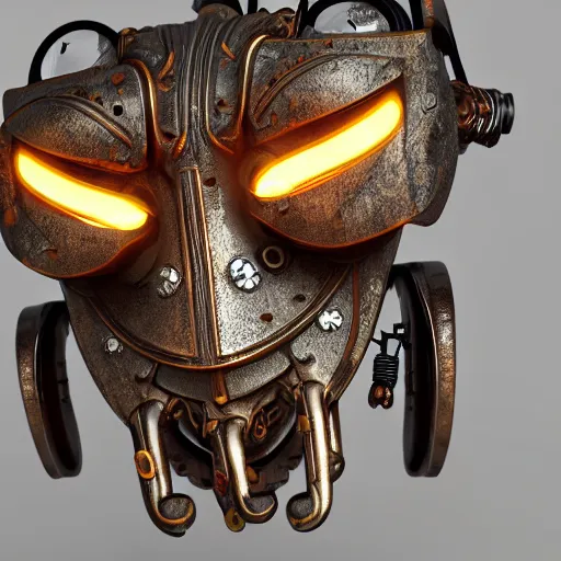 Prompt: steampunk tribal mask, robot, owl, oni, japanese pottery, vivid colors, wood, metal, intricate details, trending on cgsociety, concept art, glowing eyes, sharp focus, ultra realistic details, cinematic atmosphere, global illumination, shadows, octane render, 8 k