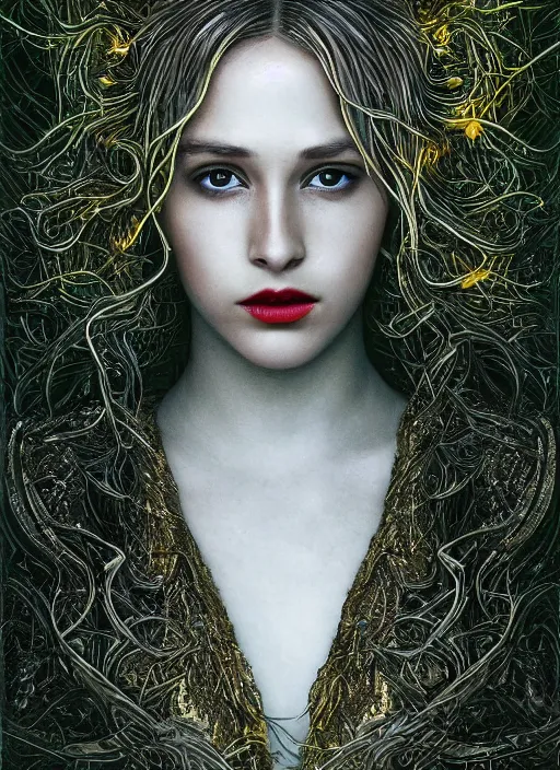 Prompt: glowing silver and golden elements, full close-up portrait, young female Ryan Gosling as a dark witch, book cover, green forest, white moon, red lips, establishing shot, extremly high detail, photo-realistic, cinematic lighting, pen and ink, intricate line drawings, by Yoshitaka Amano, Ruan Jia, Kentaro Miura, Artgerm, post processed, concept art, artstation, matte painting, style by eddie, raphael lacoste, alex ross