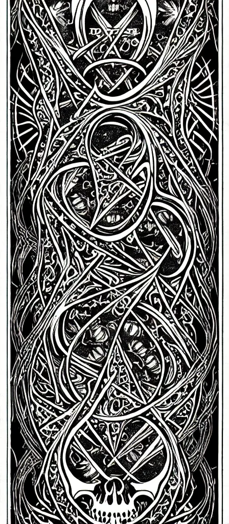 Prompt: a beautiful fractal tarot card featuring bold occult imagery with clean lines. skulls. punk. dimension. haeckel fish and sea creatures. detailed adult coloring book