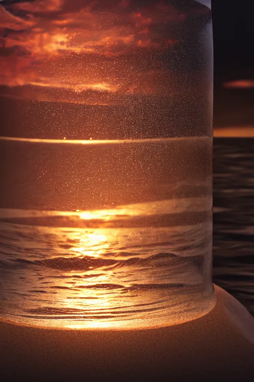 Prompt: photograph of a glass jar with a stormy ocean inside, huge dark waves inside, a pirate ship inside. buried in sand on a beach. quiet sunset in the background. soft golden red lighting. hyperrealistic, cgsociety, 8 k, beautiful digital painting