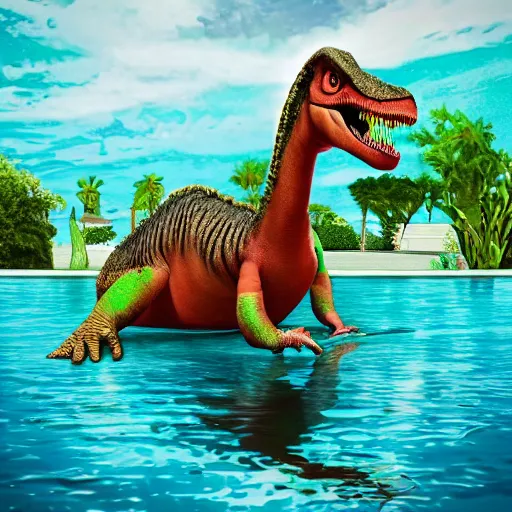 Image similar to a dinosaur is drowning in the pool