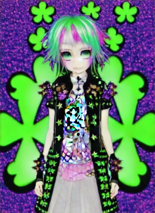 Image similar to baroque bedazzled gothic royalty frames surrounding a hologram of decora styled green haired yotsuba koiwai wearing a gothic spiked jacket, background full of lucky clovers, crosses, and shinning stars, holography, irridescent