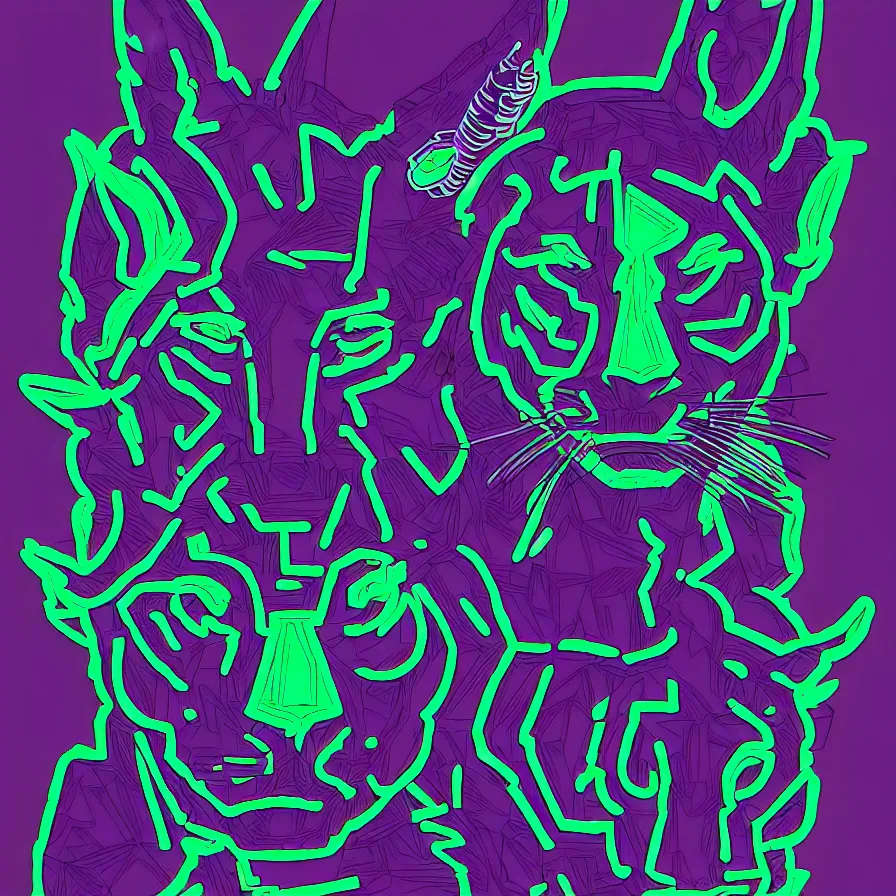 Prompt: a slightly minimalist very detailed fullbody portrait antropomorphic humanoid android with a head of a lynx. lowbrow blacklight color palette. artwork by subjekt zero. black background.