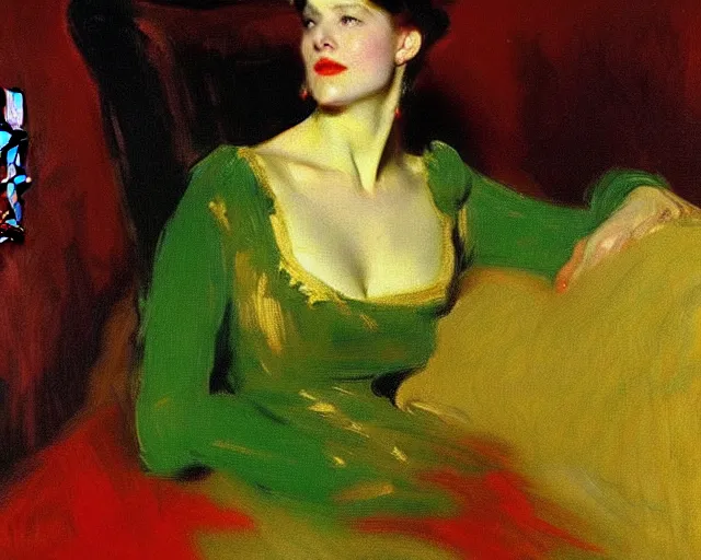 Image similar to a green, red, and gold painting by John Singer Sargent