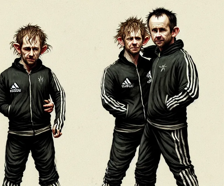 Prompt: a detailed portraite of dominic monaghan and billy boyd as hobbits squatting slavs in black adidas track suits with white stripes down the leg, caricature, highly detailed, digital painting, artstation, concept art, sharp focus, cinematic lighting, illustration, art by met mangindaan, artgerm and greg rutkowski, alphonse mucha, cgsociety