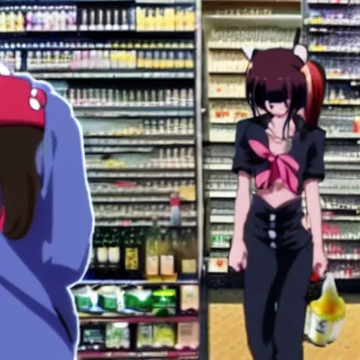 Image similar to anime catgirl cosplayer caught on security camera, robbing a liquor store