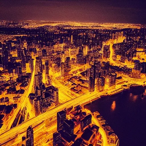 Image similar to city at night viewed from above, instagram contest winner, glowing lights, vivid colors, circuitry