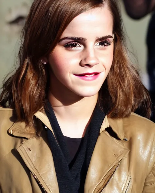 Image similar to headshot of a smiling, emma watson, she is wearing a leather bomber cap on her head, she is also wearing an a 2 flight jacket, a long green wool scarf is wrapped around her neck