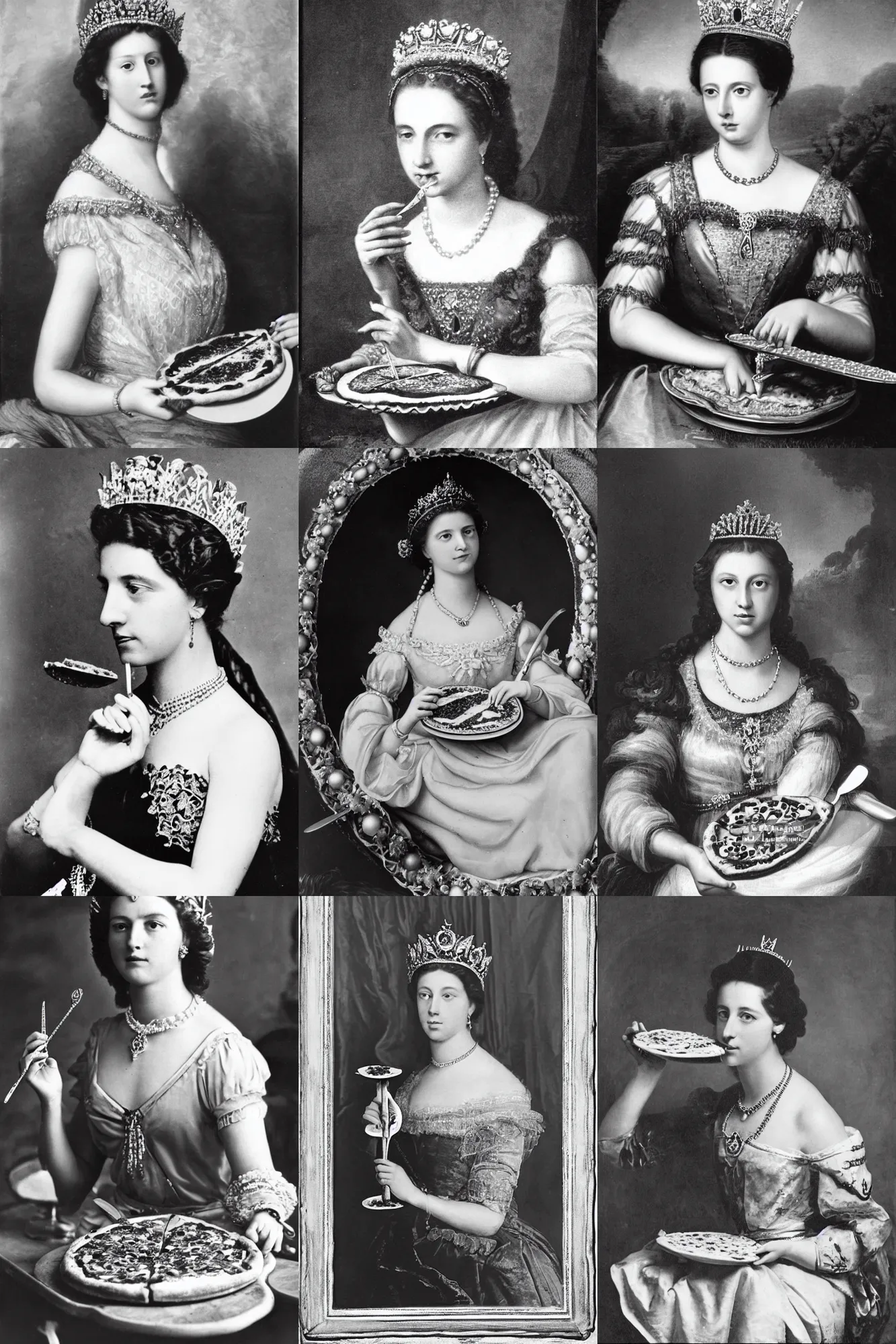 Prompt: a historical photo of young beautiful queen margherita of italy, eating a pizza margherita with hands and a fork, intricate detailed tiara, pearl necklace, large cornicione, black and white photo, smooth lighting, masterpiece, timeless, genious composition