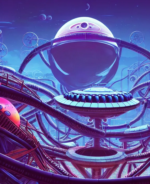 Image similar to a roller coaster made out of alien creatures, biological, in the style of a round spaceship, surrounded by auras, by dan mumford, yusuke murata, makoto shinkai, ross tran, cinematic, unreal engine, cel shaded, featured on artstation, pixiv