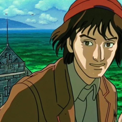 Image similar to a still of keanu reeves in castle in the sky ( 1 9 8 6 ) studio ghibli art style. hayao miyazaki imagination