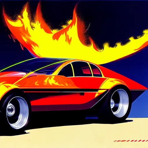 Prompt: concept art for a car with flame throwers, painted by syd mead, high quality