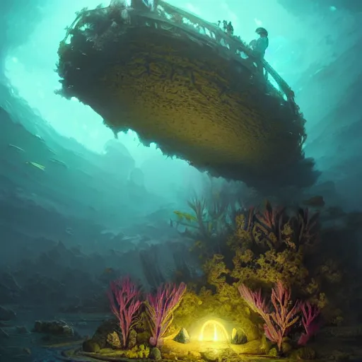 Image similar to bioluminescent coral reef, concept art, d & d, fantasy, highly detailed, masterpiece, volumetric lighting, digital painting, artstation, smooth, sharp focus, illustration, art by artgerm, by greg rutkowski