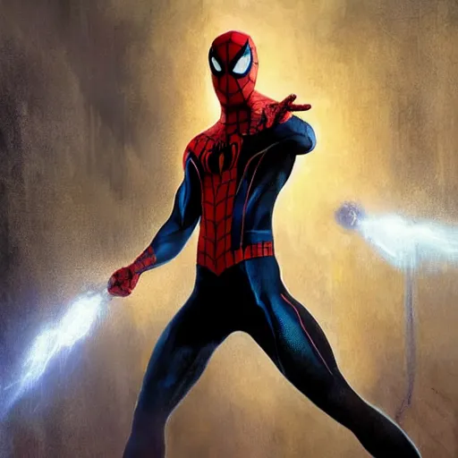 Image similar to ryan reynolds as spider - man, wearing a black and blue suit, cinematic, volumetric lighting, f 8 aperture, cinematic eastman 5 3 8 4 film, photorealistic by greg rutkowski, by stanley artgerm, by alphonse mucha