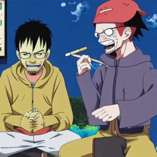 Image similar to walter white smoking a joint with jesse pinkman, in One Piece Anime Series, 4k Resolution.