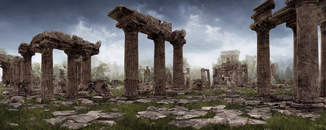 Image similar to !dream an ancient ruined temple of the old Pagan Gods, 8k hyper realistic, Photorealistic, rendered by Octane