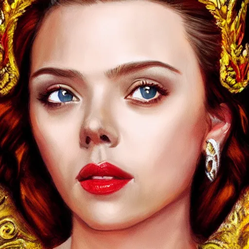 Image similar to portrait painting scarlett johannson wearing a crown, detailed, artstation, trending, detailed