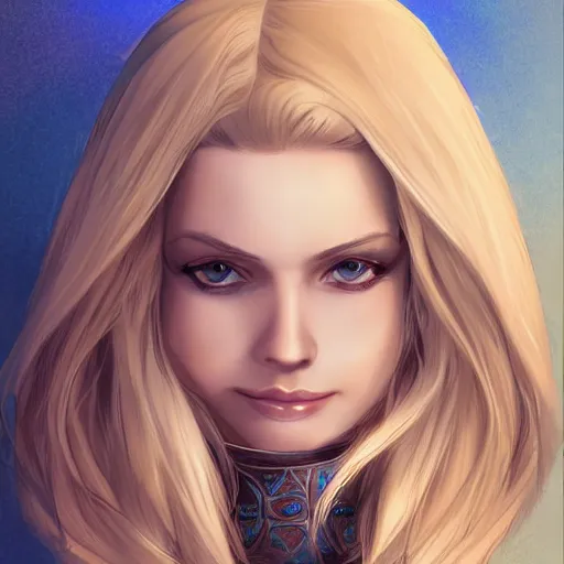 Image similar to portrait, 30 years old women :: fantasy :: blue eyes, long straight blonde hair, beeing happy, smiling :: attractive, symmetric face :: brown medieval cloting, natural materials :: high detail, digital art, RPG, concept art, illustration